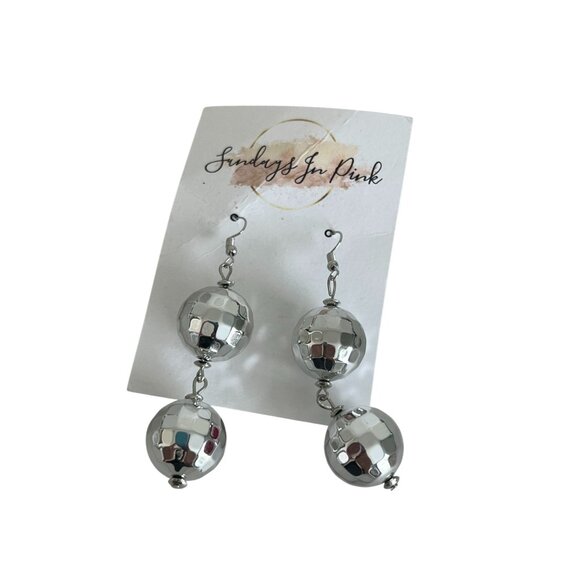 DISCO BALL Silver Drop Earrings New Years NEW - Picture 1 of 3